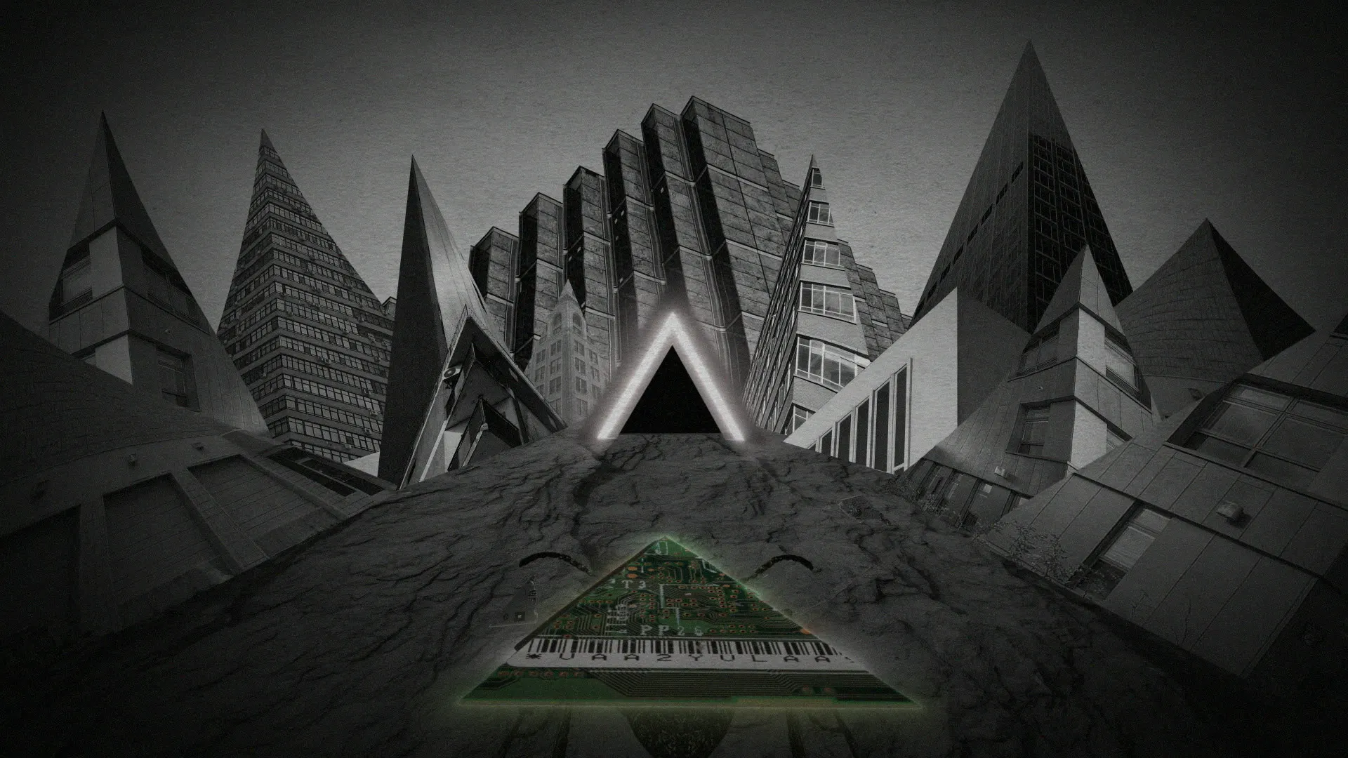 A pyramid-shaped keyboard approaches a monochrome geometric city