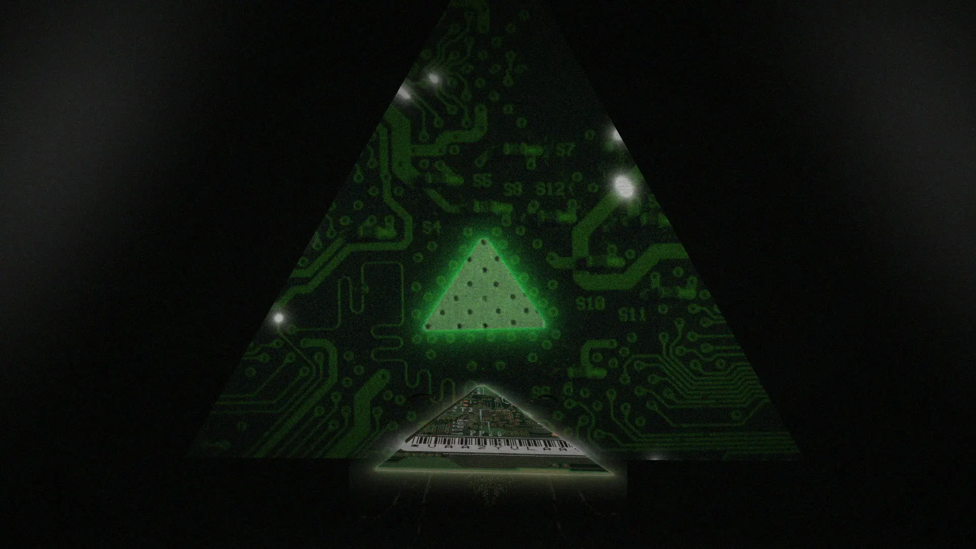 A glowing circuit-board pyramid hovers above a keyboard