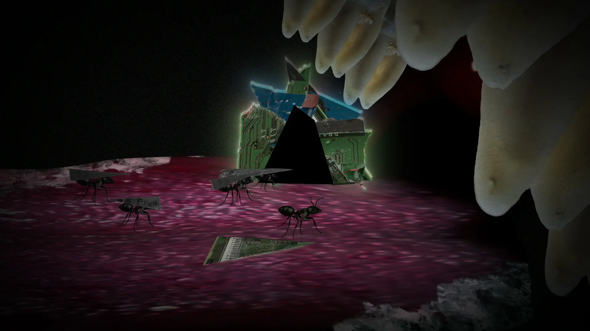 Pyramid figures and insects gather inside a cavernous mouth