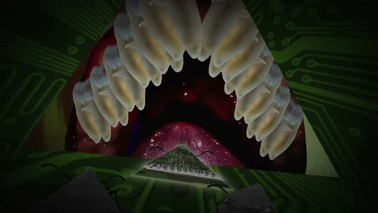 A surreal animated mouth surrounding a pyramid-shaped keyboard figure